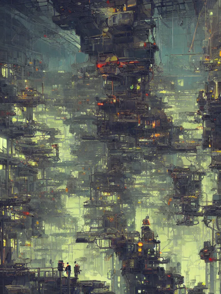 Image similar to concept art of a factory filled with drone workers, grimy, gritty, blade runner 2 0 4 9, trending on artstation, award winning painting, cgi, art by john berkey and anton fadeev and john howe and simon stalenhag