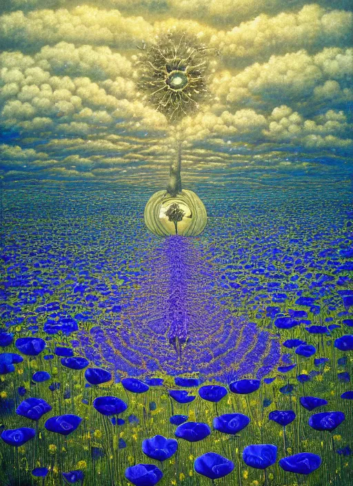 Image similar to detailed, intricate blue black and purple papaverum flower on the field, nebula, galaxy in the sky, winning award masterpiece, fantastically beautiful, illustration, aestheticly inspired, jacek yerka, upscale with anguissola sofonisba work, artstation, 8 k