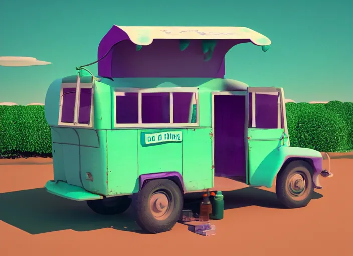 Image similar to a purple and green ice cream van that sells snake oil instead of ice cream, rowdy salesman hawking little brown bottles, medicine, snake van, snake van, painting by René Magritte, Grant Wood, 3D rendering by Beeple