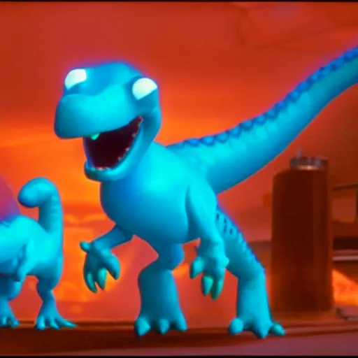 Image similar to cute smiling pixar and chibi style electric blue scaled glowing baby dinosaurs in tron movie, cinestill