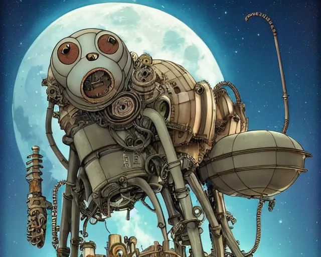 Image similar to a mechanical blueprint of a lovecraftian mechanized sloth from howl's moving castle ( 2 0 0 4 ), with a big head, in a war - torn desert village, wide shot, in front of a big moon, muted colors, post grunge, studio ghibli, hq, art by artgem