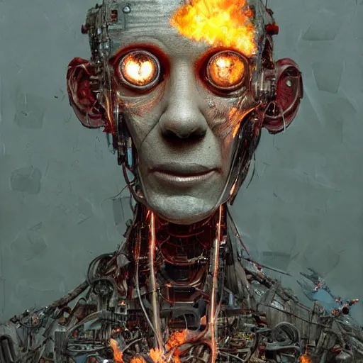 Image similar to an realistic humanoid animatronic made of rubbish with a creepy happy face, lost look, sparks, destroyed city on fire, broken wires, depth of field, robotic limbs on floor, by Greg Rutkowski and Zdzisław Beksiński, expressive face, synthetic skin, burnt