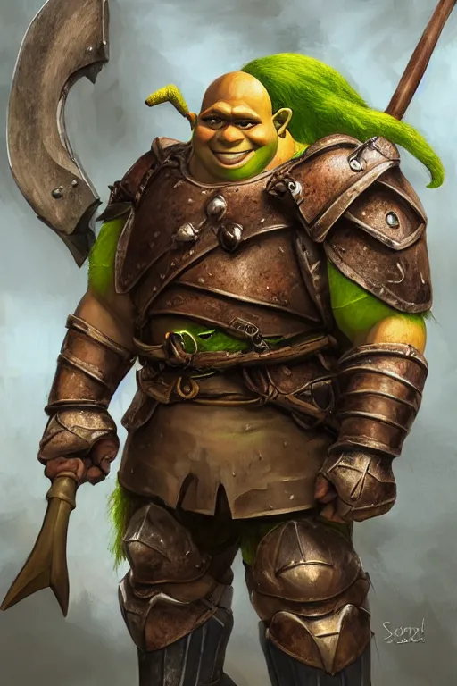 Image similar to A realistic anime portrait of Shrek, warrior, D&D, dual Axe wielding, full body plated armor, dungeons and dragons, tabletop role playing game, rpg, jrpg, digital painting, by Stanley Artgerm Lau, Frank frazzeta, WLOP and Rossdraws, digtial painting, trending on ArtStation, SFW version