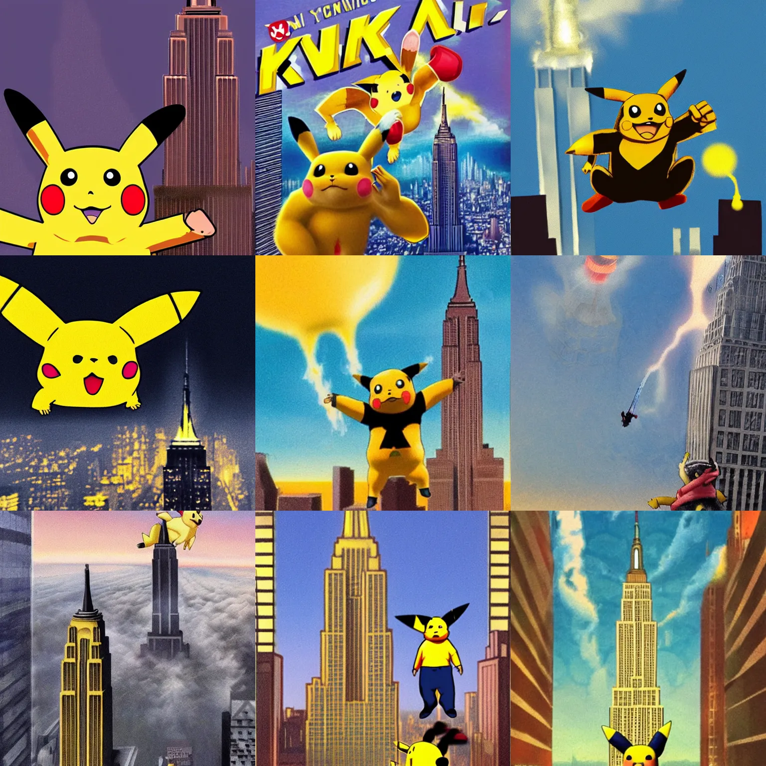 Prompt: artwork of a king kong sized pikachu climbing up the empire state building holding a tiny misty in his hand