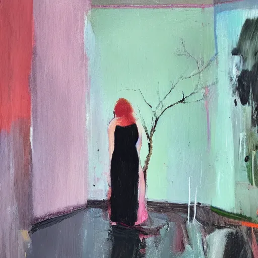 Prompt: _ in _ these _ paintings _ we _ see _ a _ big and tall _ woman in a busy void space with a tree, 4 k, in the style of ben quilty, edward hooper, minimal pink palette, medium shot, three point light, oil paint with thick brushstrokes of paint, impasto, detailed,