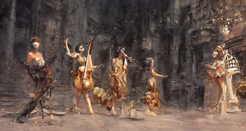 Image similar to craig mullins and ghibli digital art of on the stage, masked female violinists, exotic costumes, gold jewelry, black hair, solo performance realistic shading, cinematic composition, realistic render, octane render, detailed textures, photorealistic, wide shot