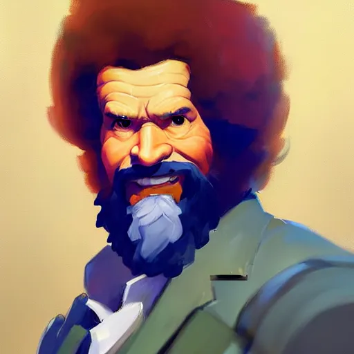 Image similar to Greg Manchess portrait painting of Bob Ross as Overwatch character, medium shot, asymmetrical, profile picture, Organic Painting, sunny day, Matte Painting, bold shapes, hard edges, street art, trending on artstation, by Huang Guangjian and Gil Elvgren and Sachin Teng