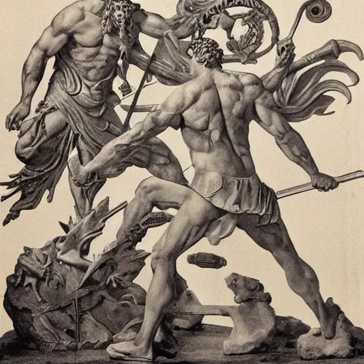 Prompt: The kinetic sculpture depicts the mythical hero Hercules in the moments after he has completed one of his twelve labors, the killing of the Hydra. Hercules is shown standing over the dead Hydra, his body covered in blood and his right hand still clutching the sword that slew the beast. His face is expressionless, betraying neither the exhaustion nor the triumph that must surely accompany such a feat. warm indigo by Serge Marshennikov, by Marco Mazzoni energetic