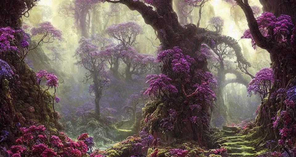 Prompt: a large alien shrine shrouded by mystic nebula magic in a field of flowers, ferdinand knab, breath - taking beautiful trees, streams, flowers, and mist, an aesthetically pleasing, dynamic, energetic, lively, complex, intricate, detailed, well - designed digital art of trees, streams, flowers, and mist, early morning, light and shadow