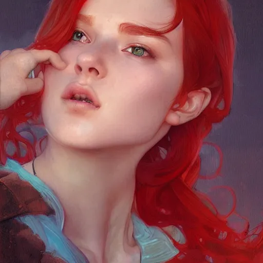 Prompt: young boy, red hair, turqouise eyes, gorgeous, amazing, feminine, elegant, intricate, highly detailed, digital painting, artstation, concept art, sharp focus, illustration, art by artgerm and greg rutkowski and alphonse mucha