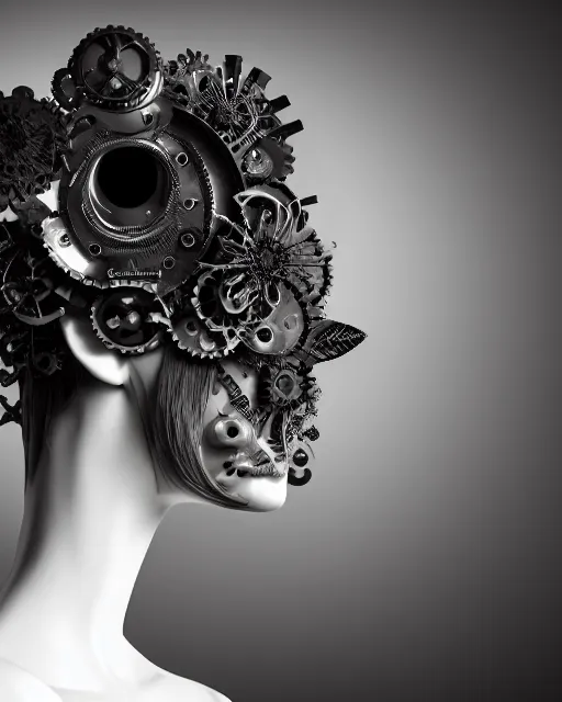 Image similar to black and white dreamy foggy profile face portrait, one steampunk eye biomechanical beautiful young female cyclope - cyborg - robot bust, body ribs meshes,, volumetric light, hibiscus flowers, by hg giger, rim light, by dora maar and cecile beaton, big gothic fashion pearl embroidered collar, 8 k