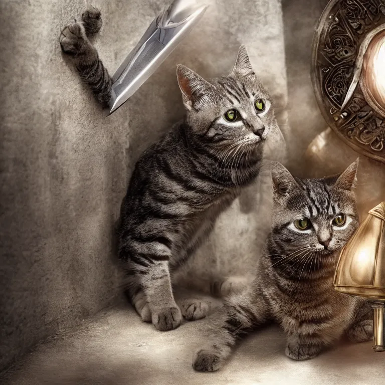 Prompt: an amazing award winning photo of a cat as knight templar protecting the holy grail, very detailed and sharp, 4k hdr, cinematic masterpiece