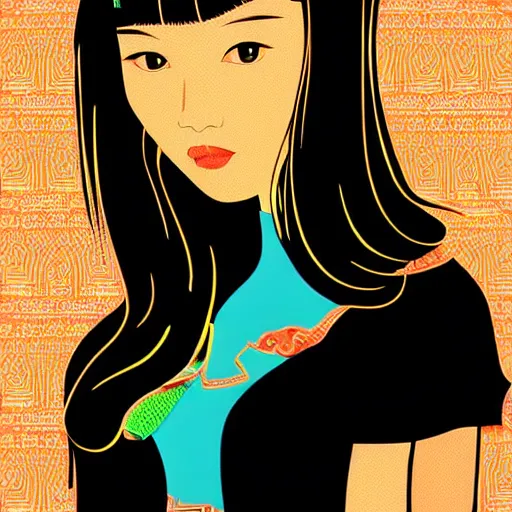 Prompt: a portrait of a beautiful chinese woman, in retro colors, synthwave style, 2 d digital vector art