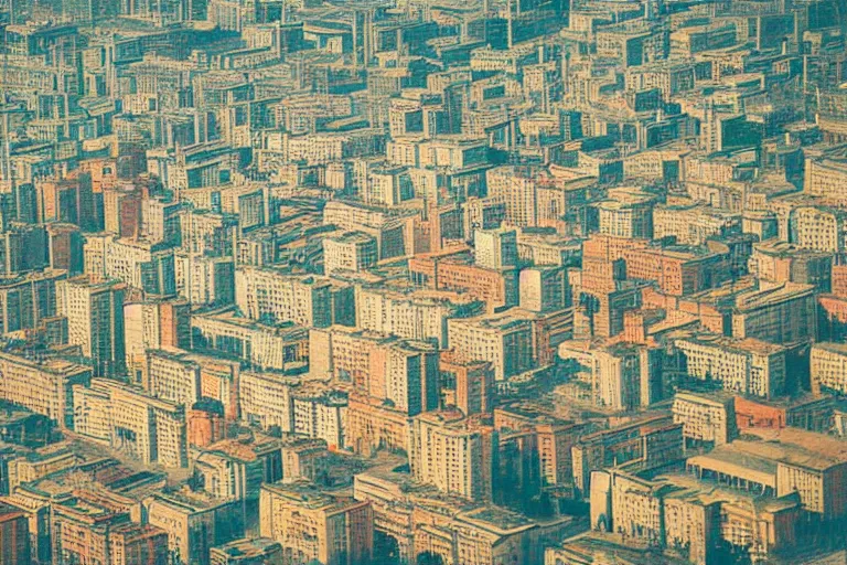 Image similar to bird's eye view photograph of a Soviet city, colorized