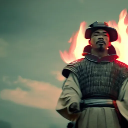 Image similar to cinematic film still of Chance The Rapper starring as a Samurai holding fire, Japanese CGI, VFX, 2022, 40mm lens, shallow depth of field, film photography