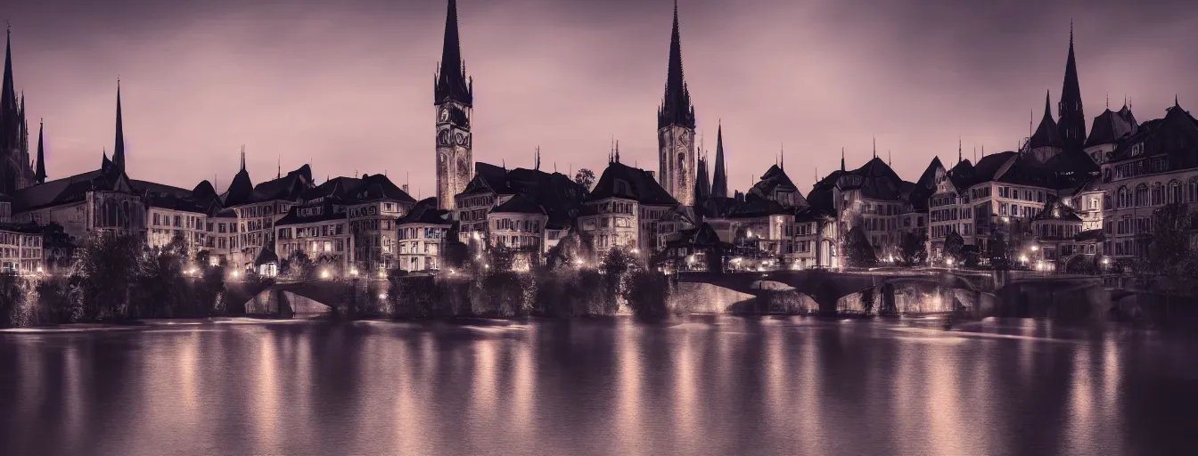 Prompt: Digital painting of Neo-Gothic Zurich, Limmat and the lake at night, wide angle, volumetric light, hyperdetailed, artstation, cgsociety, 8k