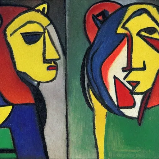 Image similar to painting of a lion female and a male, in a city, by alexej von jawlensky