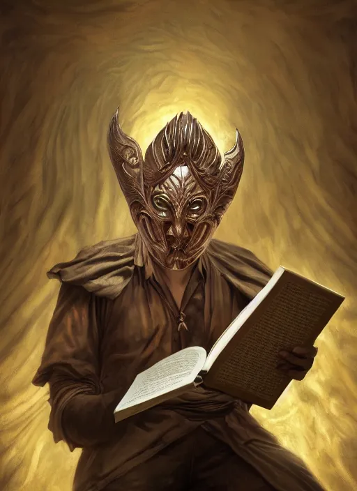 Image similar to Magic Floating Thespian Mask reading a book, bodyless, theater mask, mask only, Ivan Aivakovsky, Boris Vallejo, epic fantasy character art, D&D Concept Art, Realistic, Regal, Refined, extremely detailed, Detailed Digital Art, Oil Paining, Exquisite detail, post-processing, masterpiece, Cinematic Lighting, Unreal Engine, 8k, HD, Stanley Artgerm Lau, WLOP, Rossdraws, Frank Frazetta, Andrei Riabovitchev, Marc Simonetti, trending on artstation, flawless