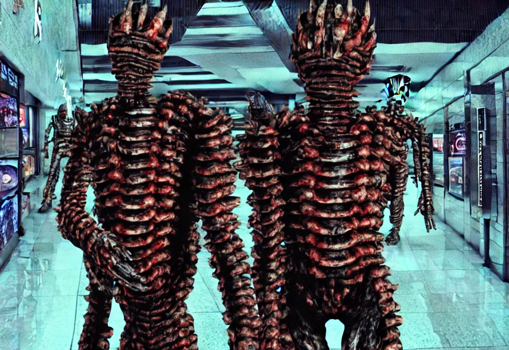 Image similar to hyperrealistic colorized cinestill of willem dafoe in the style of dead space, junji ito, gantz, roaming toronto yorkdale mall. deep aesthetics of weirdcore