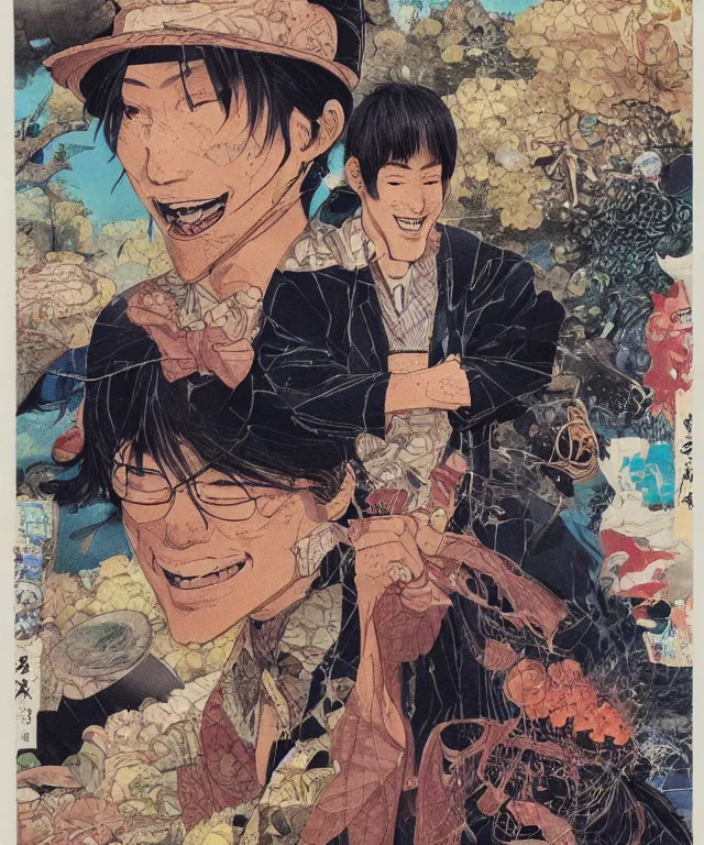 Prompt: a portrait of handsome a young japanese man who is smiling enthusiastically into the camera, a masterful and highly - skilled full color illustration by otomo katsuhiro, jon foster and terada katsuya