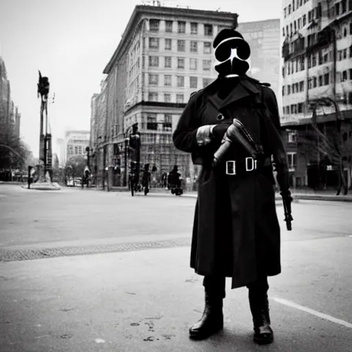 Image similar to a trenchcoat soldier wearing a gasmask and officer hat, standing on street corner, gritty, noir