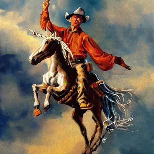 Image similar to a painting of a cowboy riding a unicorn.