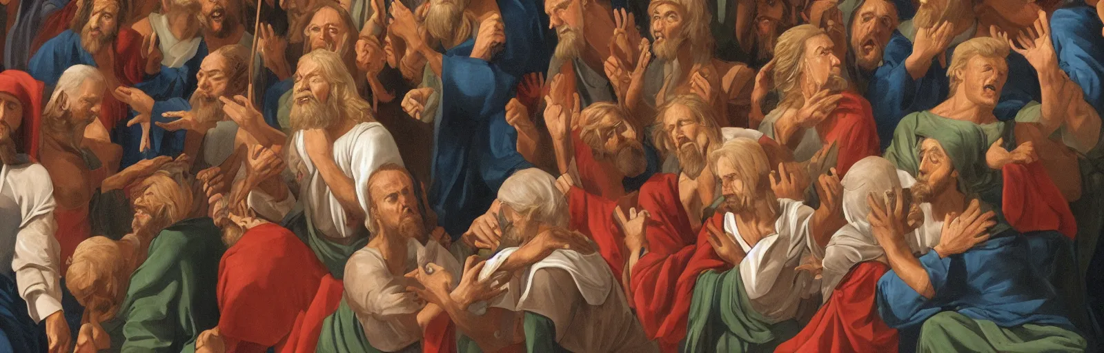 Prompt: Donald trump corrects Jesus in various situations in this highly detailed Mormon frieze