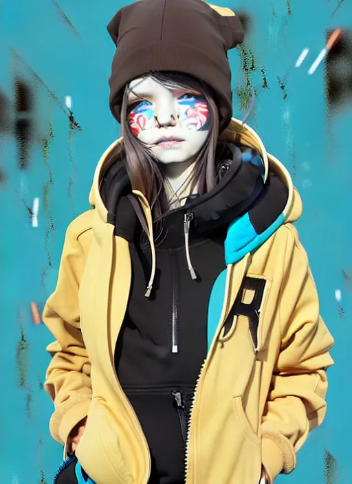 Image similar to highly detailed portrait of a street punk lady student, blue eyes, parka hoodie, hat, white hair by atey ghailan, by greg rutkowski, by greg tocchini, by james gilleard, by joe fenton, by kaethe butcher, gradient yellow, black, brown and cyan blue color scheme, grunge aesthetic!!! ( ( graffiti tag wall background ) )