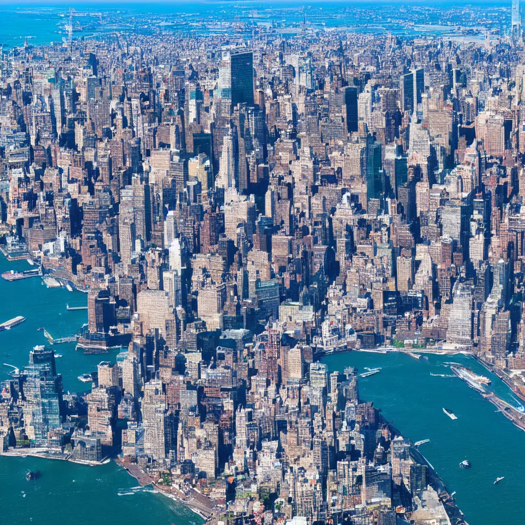 Image similar to drone shot of a coastal city skyline new york 8k resolution, blue sky, high quality lens flare