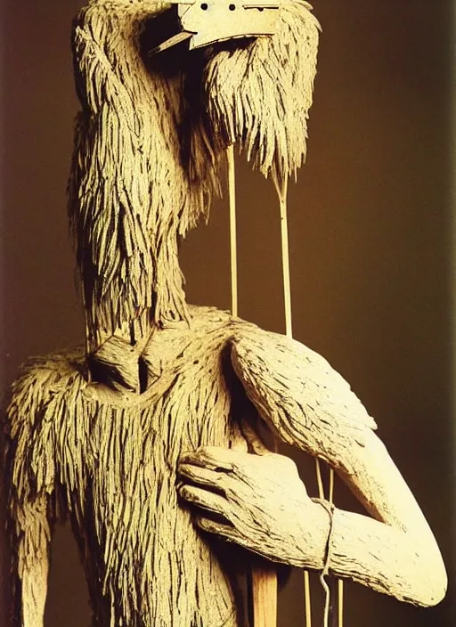 Prompt: realistic photo of a a hairy human birdman sculpture by max ernst made of white clay, in a living room sci - fi laboratory with many wooden gadgets made of wood interior is made of wood 1 9 9 0, life magazine reportage photo, natural colors