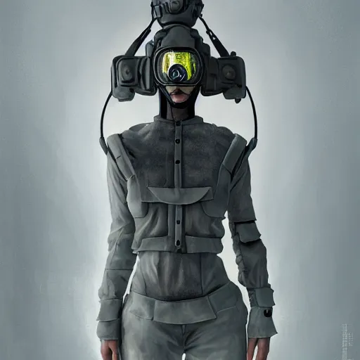 Image similar to korean solarpunk curator in an art gallery with extremely detailed respirators and head gear, inspired by die antwoord beautiful, hand painted textures, cloth physics, deviantart, karol bak, masamune shirow, black and white, photorealistic, concept art, perfect render, 3 d render, pixar, 8 k