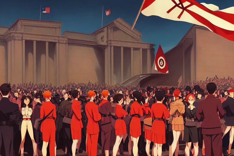 Image similar to anime key visual of a fascist regime rally 1 9 4 5, alternate universe matriarchy, nationalism, red flags, dictator, style of jamie wyeth james gilleard edward hopper greg rutkowski acrylic painting, preserved museum piece, historical