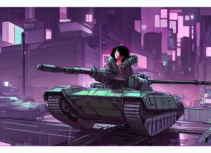 Image similar to motoko kusanagi riding a spider - tank in a grungy cyberpunk megacity, intricate and finely detailed, cyberpunk vaporwave, by phil jimenez, ilya kuvshinov