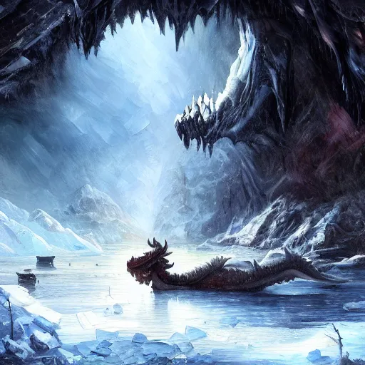 Prompt: A highly detailed oil painting in the style of Greg Rutkowski and Afremov of a very deep, very very dark cave with a huge frozen lake in the middle of it and an Ancient Ice dragon sleeping near a very big treasure pile, in the middle of a blizzard.