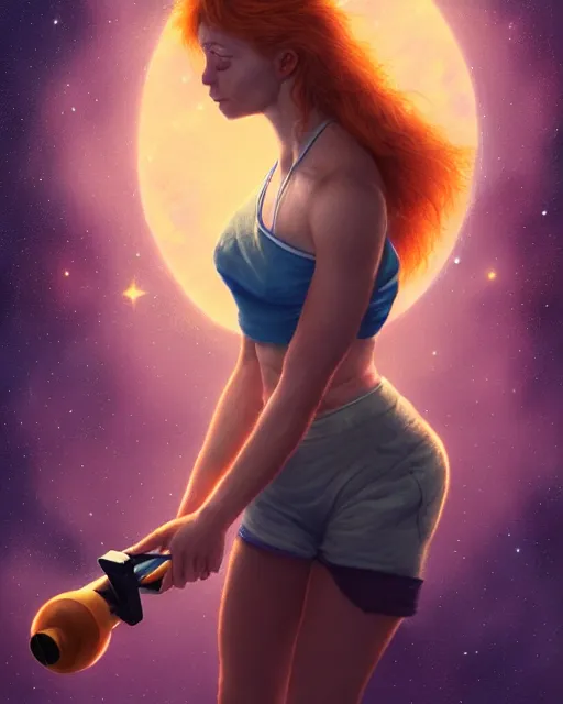 Prompt: female astronomer using telescope, perfect face, halter top, ginger hair, abs, cinematic, freckles, stunning, athletic, strong, agile, highly detailed, psychedelic, digital painting, artstation, smooth, hard focus, illustration, art by jessica rossier and and brian froud