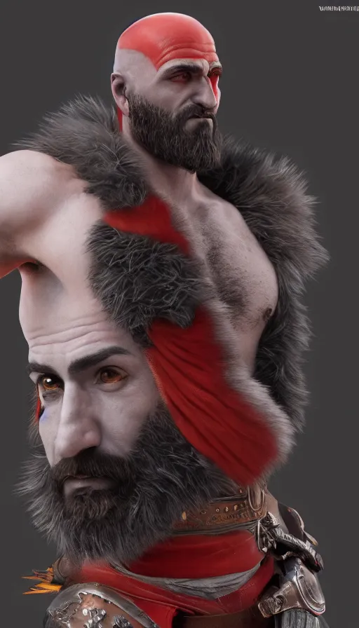 Image similar to :a portrait of Falco lombardi as kratos by Valentina Remenar+UNREAL ENGINE 5+4K UHD IMAGE+Stunning LIGHTING+Stunnings SHADERS+SUBSTANCE PAINTER
