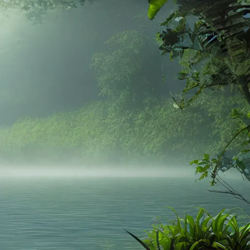 Image similar to Misty lake in the middle of the jungles, 8k, detailed, concept art, trending on artstation