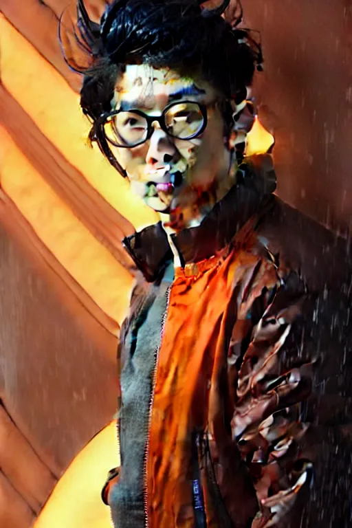 Image similar to a japanese man with very short black hair, broad shoulders, thick round spectacles, wearing a bright orange bomber jacket, seductive cyberpunk dark fantasy, art by artgerm and karol bak and moebius and alphonse mucha and greg rutkowski, hyperdetailed, ultrarealistic, octane render