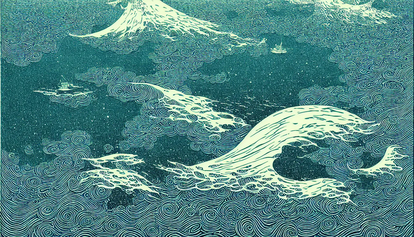 Prompt: open sea by woodblock print, nicolas delort, moebius, victo ngai, josan gonzalez, kilian eng