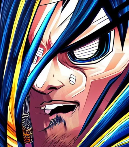 Prompt: hyper detailed comic illustration of a Cyber Noir anime Goku, markings on his face, by by Android Jones intricate details, bright vibrant colors , solid background, low angle fish eye lens