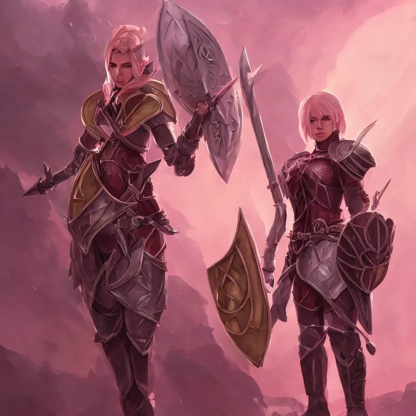 Image similar to beautiful well built pink short haired half elf woman healer wearing cleric armor and holding a shield, dungeons and dragons, character portrait, character design, full rendered illustration, 4 k, 8 k, hyper detailed, back lighting, cinematic lighting, intrinsic detail