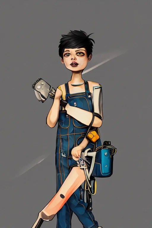 Prompt: a beautiful androgynous punk girl with short hair who is a mechanic wearing overalls with a utility bag and holding a wrench, digital illustration, digital concept art, digital painting, decorative background, trending on artstation