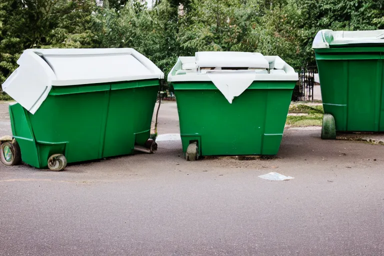 Prompt: two gigantic beat - up, and worn out green dumpsters against a totally white background
