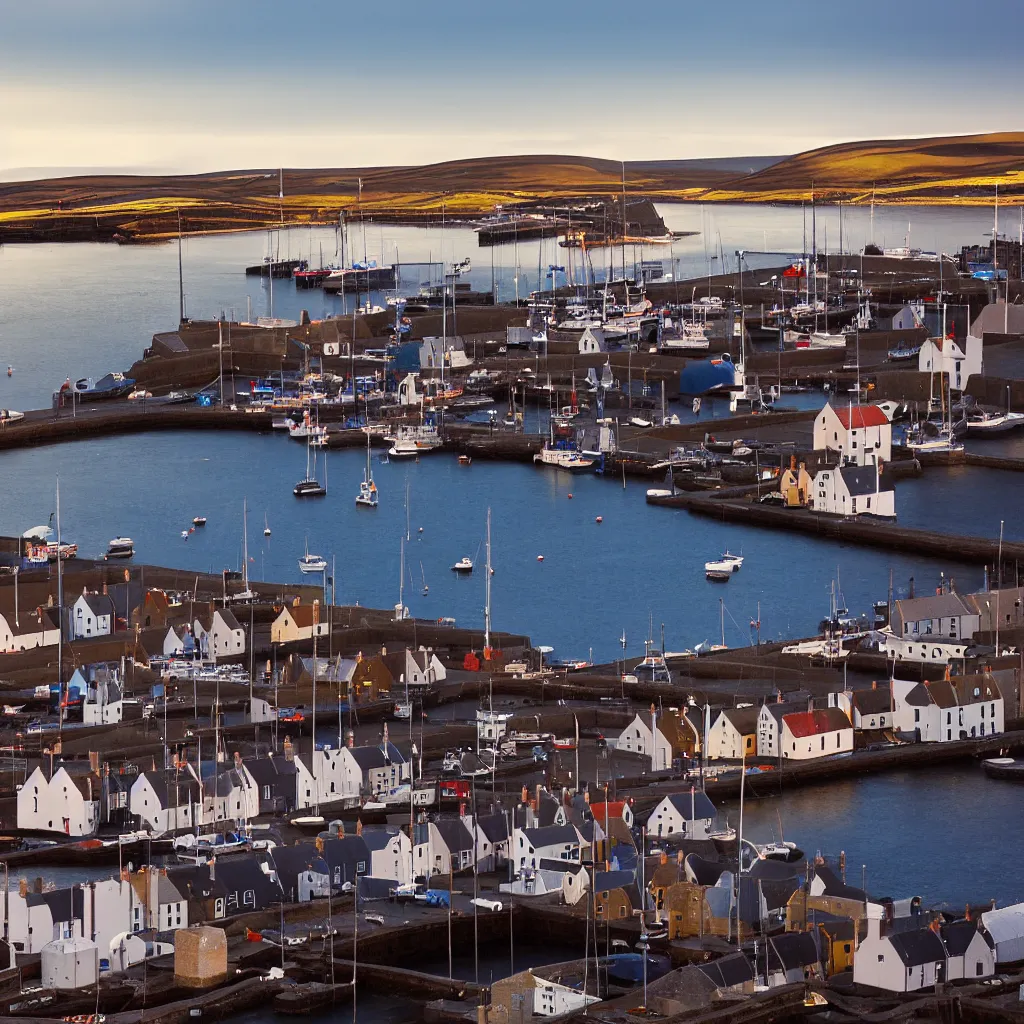 Prompt: a wide angle color photograph of the harbour at Stromness orkney, low-key, sunset, long shadows, lomography