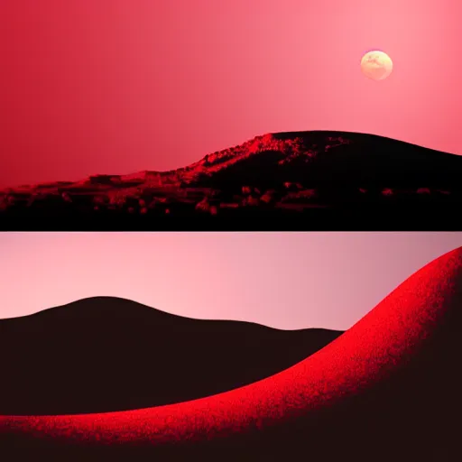 Image similar to hill made of giant red faces, crimson ocean, lunar eclipse, lightning, red color, hyper realistic