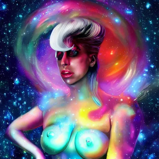 Prompt: lady gaga, lady gaga, lady gaga, galaxies and nebula flowing out of his body, artgerm, psychedelic floral planets, trending on artstation