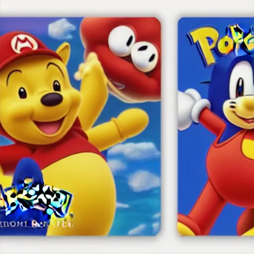 Image similar to photograph of winnie the pooh and super mario and sonic the hedgehog anime style, on pokemon card packs at target