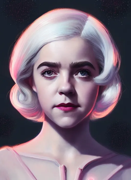 Image similar to portrait of kiernan shipka as sabrina spellman, white hair, 1 9 6 0 s bob hairstyle, hairband, intricate, elegant, glowing lights, highly detailed, digital painting, artstation, concept art, smooth, sharp focus, illustration, art by wlop, mars ravelo and greg rutkowski