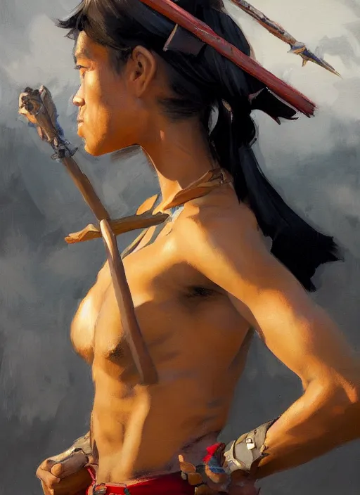 Prompt: greg manchess side portrait of a filipino fighter with a scepter, organic painting, sunny day, matte painting, bold shapes, hard edges, street art, trending on artstation, by huang guangjian, gil elvgren, ruan jia, randy vargas, greg rutkowski