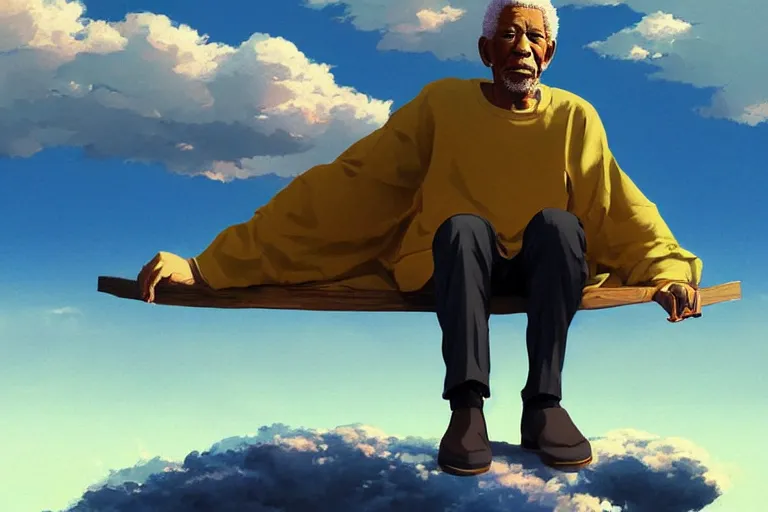 Prompt: Pixiv Digital art Full Body Extreme Detailed Full and Isolated and singular portrait of Morgan Freeman sitting on a Cloud in the sky. His legs are crossed lotus position in the scene is full of clouds by Ilya Kuvshinov and Greg Rutkowski